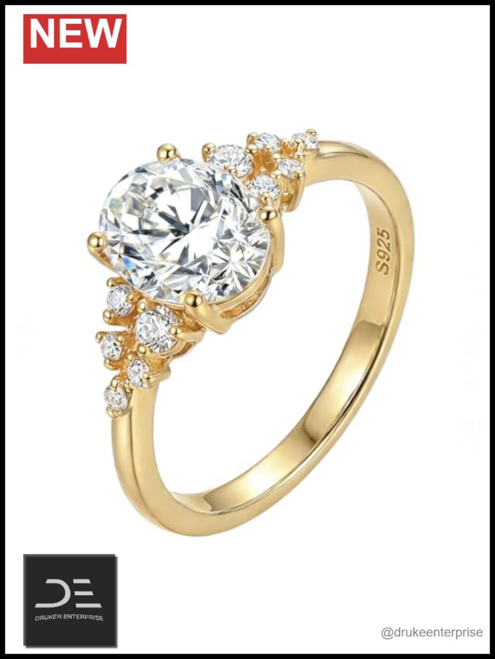 Oval Moissanite Engagement Ring 925 Sterling Silver 14K Gold Plated Fine Jewelry